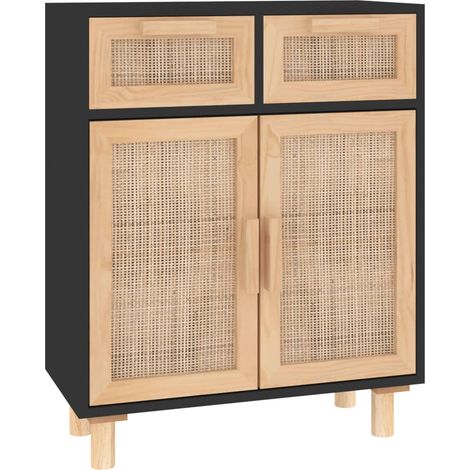 Credenza buffet cassettiera mobile contenitore organizer cucina soggiorno soggiorno 60 x 30 x 75 cm legno di pino massiccio e rattan naturale nero 020035971