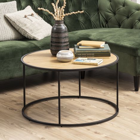 Table basse ronde 80x45 cm décor chêne et noir - FYNCA