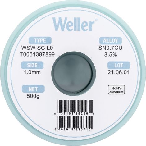 Weller WSW SC L0 Lötzinn, bleifrei Spule Sn0,7Cu 500 g 1 mm (1/5)