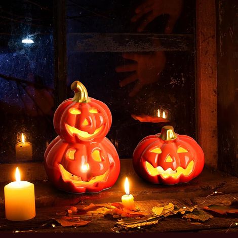 (2er-Set) Dekorative Kürbislaternen mit gruseligem Gesicht, Kürbis, Halloween-Dekoration, Keramik, Halloween-Kürbis (1/5)
