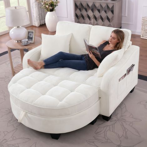 BATDTECH - Sofá cama convertible de 2 en 1 con puf de almacenamiento, sofá moderno de tela transpirable para espacios pequeños, salón, estudio y dormitorio, color beige (1/5)