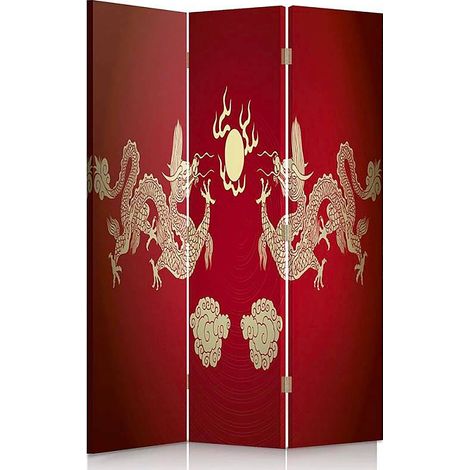 Paravent Décoratif Chinois Dragons Dorés pour Intérieur - 110 x 180 cm - 1 face déco, 1 face noir