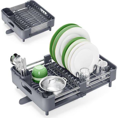 Egoutoire Vaisselle Cuisine, Égouttoir à Extensible, en Acier Inoxydable avec Porte-Couverts, Egouttoir Pliable Bec de Drainage Gris -'Gris'Gris'-