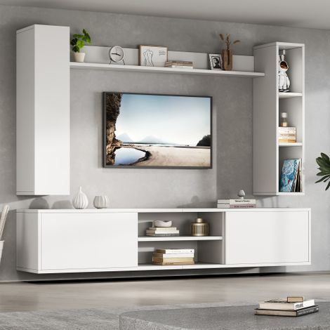 Ensemble meuble TV blanc 4 pièces avec vitrines, TV-bas, étagère murale, compatible TV jusqu'à 80", 180x35x33,5 cm (1/5)