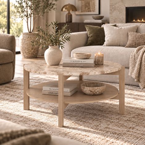 Table basse ronde 80x40 cm en marbre et chêne clair - VYNTA (1/5)