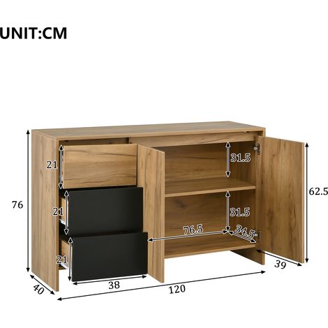 Buffet, en bois, 2 portes, 3 tiroirs, éclairage LED, noir, 120 x 76 x 40 cm, pour salon et salle à manger, cabinet décoratif pour salon
