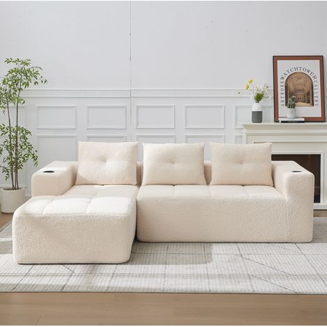 Canapé d'angle en tissu polyester beige 258 cm, 4-5 places, assises profondes avec porte-gobelets intégrés (1/5)