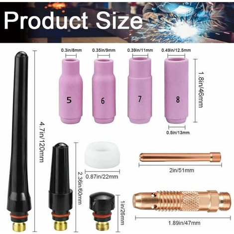 Kit de 16 Pcs Pince TIG Buse en Céramique Casquette Torche de Soudure TIG Gaz Lentille Corps de Pince TIG Capuchons Arrière TIG Accessoire Soudage pour WP - 17/18 / 26 TIG Torche Soudage MNS (1/4)
