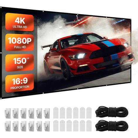 VEVOR Pantalla de Proyector de 3810 mm, 16:9, 4K, 1080 HD, Montaje en Pared, Amplio Ángulo de Visión, con Ganchos y Cinta Adhesiva de Doble Cara, para Cine en Casa, Oficina y Aula, Color Blanco