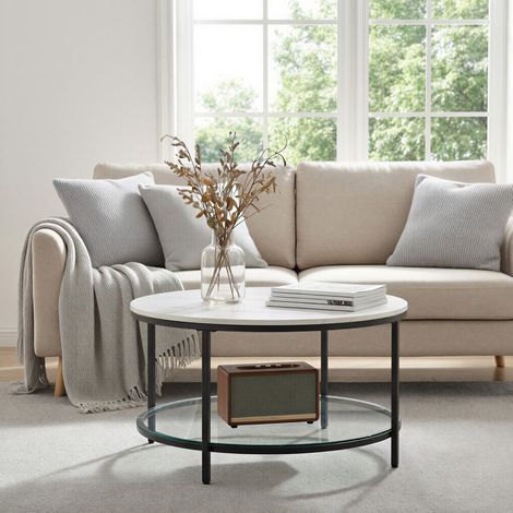 Table basse ronde avec étagère en verre trempé, table de salon, montage facile, style moderne, salon, Blanc et Noir (1/5)