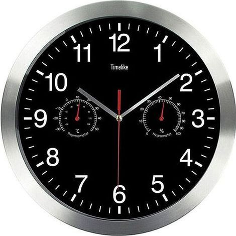Quartz Ronde Horloge Murale, Aluminium Silencieuse Intérieur Murale Horlog vec Thermomètre Hygromètre Salon Cuisine Bureau (Noir) (1/4)