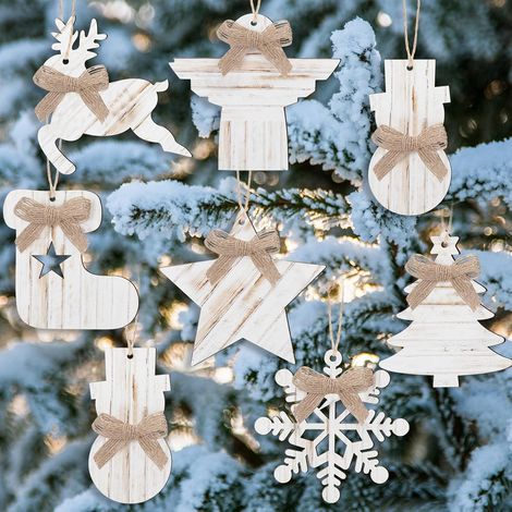 Ornement De Sapin De Noël - Bois Naturel - Forme Flocon De Neige Et Renne - Blanc - 4,3 x 3,9 Pouces - Lot De 8 Pièces (1/5)