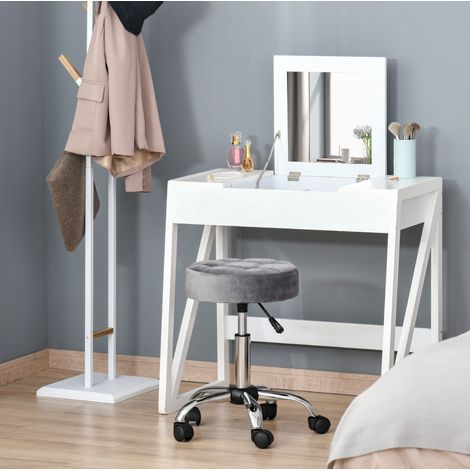 Tabouret de salon 35x35x49-61 cm gris clair en polyester avec hauteur réglable et roulettes pivotantes (1/5)
