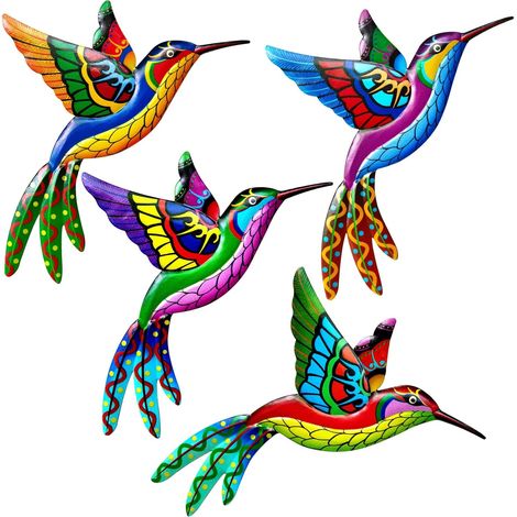 BEBUSINGOTO Metall-Wanddekoration für den Außenbereich, 3D-Skulptur eines bunten Gartenvogels, handgefertigte Vogel-Wandkunst aus Metall für Zaun, Terrasse, Balkon, Wohnzimmer, Kolibri (1/5)