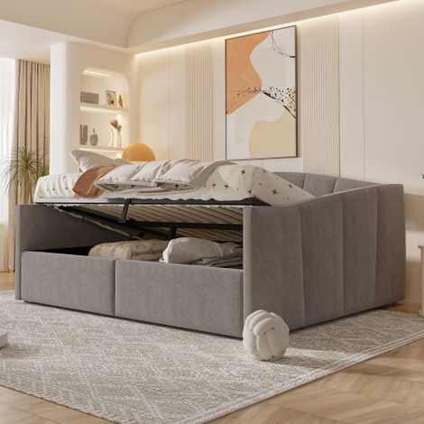 Polsterbett Sofabett, Mit hydraulischer Lagerung, Mit Lattenrost und Armlehnen, Klassisch Gestreift, Multifunktionales Einzelbett, Hautfreundlicher Samtstoff