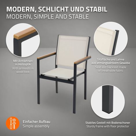 ML-Design Gartenstühle 6er Set mit Armlehnen in Holzoptik, Beige, Gartenstuhl aus Textilene, Terrassenstühle mit Aluminiumgestell, Balkonstuhl wetterfest/stapelbar, Sessel für Garten Balkon & Terrasse