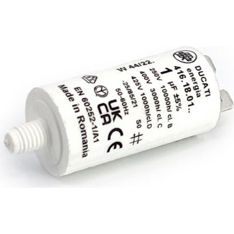 Ducati Energia – Condensateur permanent 1µF à cosses Faston 6.3mm – Ø25x49mm – Pour moteurs électriques 220V et pompes – Homologué VDE EN60252-1 (1/3)