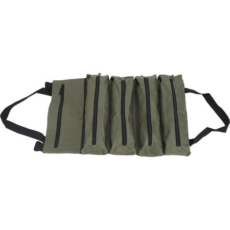 Sac à outils enroulable en toile, rangement portable pour quincaillerie, avec 5 poches zippées, pour électricien et mécanicien, vert armée (1/5)