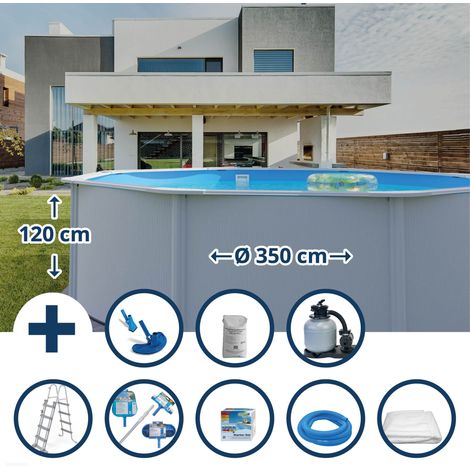 Stahlwandpool Set (9-teilig) hoch rund Eco 350 x 120 cm, Stahl 0,4 mm weiß Folie 0,3 mm blau (1/5)