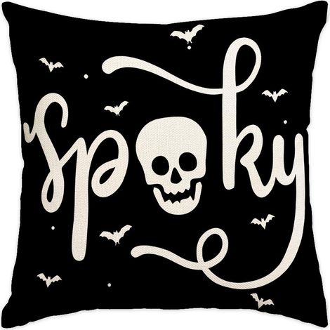 Lot de 2 housses de coussin décoratives d'Halloween, motif chauve-souris et crâne avec lettres effrayantes, taies d'oreiller noires style lin, décoration gothique pour canapé et salon (1/5)