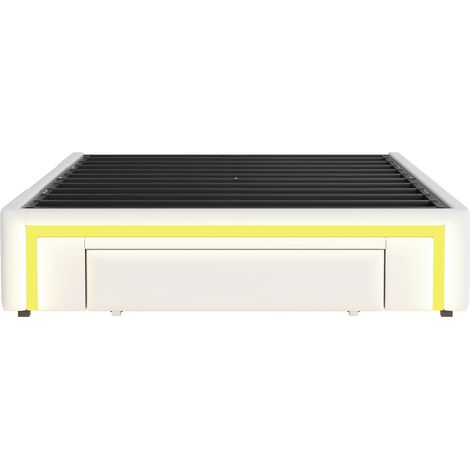 Lit coffre 90 x 200 cm en PU blanc avec tiroirs, cadre métallique, LED au pied, sans tête de lit (1/5)