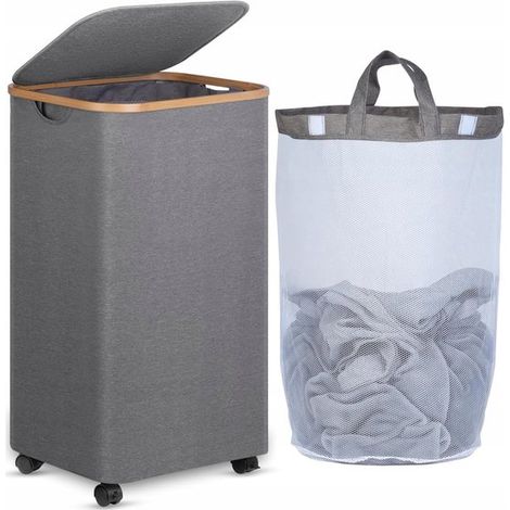 Cesto de ropa con ruedas de 100 litros con bolsa extraíble y estructura de bambú (1/5)
