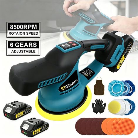 Polisseuse voiture électrique sans fil brushless, 6 vitesses réglables, outil de polissage carrosserie et cire automobile, machine de lustrage auto avec 2 batteries incluses pour usage prolongé