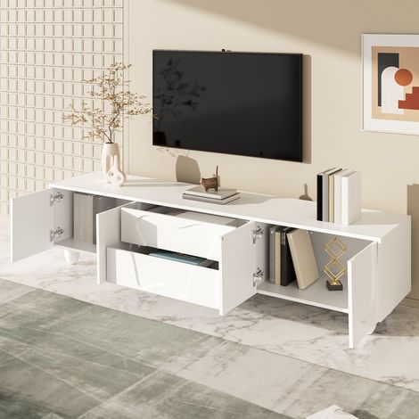 DESMIU Meuble TV 180 cm avec tiroirs et niches de rangement pour salon en panneau de particules blanc (1/5)