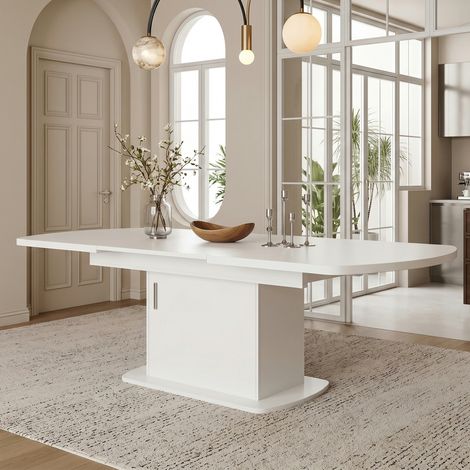 Tavolo da pranzo ovale allungabile, L 140-200 cm, tavolo da cucina salvaspazio con mobile contenitore integrato, bianco e argento (1/5)