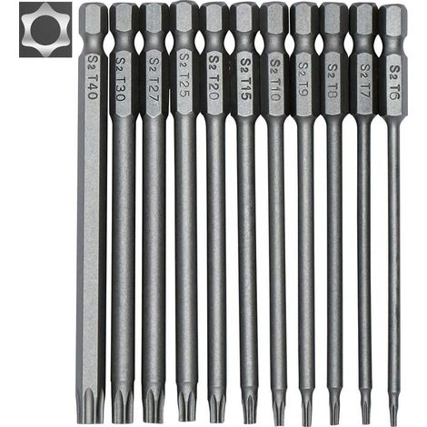 Embouts tournevis longs T6-T40 100mm magnétiques hex 1/4 lot de 11 (1/5)