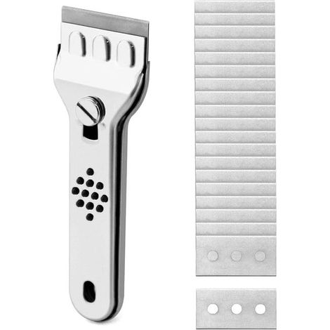 Un raspador de acero inoxidable, apto para limpiar placas vitrocerámicas y de inducción, incluye 20 cuchillas de repuesto. (1/4)