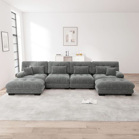 Modulares 4-Sitzer-U-Sofa – 406 x 145 x 81 cm – Cloud-Design mit Ottomane – Premium-Komfort – Chenille – Grau