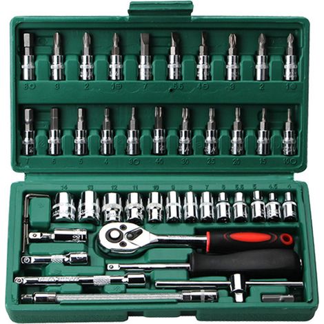 Coffret de 46 outils de réparation auto, clé à cliquet, douilles, combinaison de maintenance automobile, boîte verte (1/5)