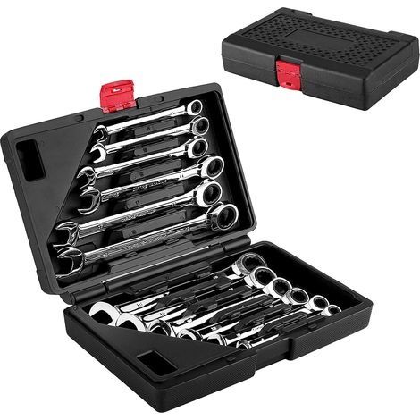 Jeu de Clé à Cliquet Professionnel, 12pcs Clés Plates à Cliquet Clé à Douille à Main Portable 8-19mm avec Mallette pour Réparation de Garage Automobile (Tête plate) (1/4)