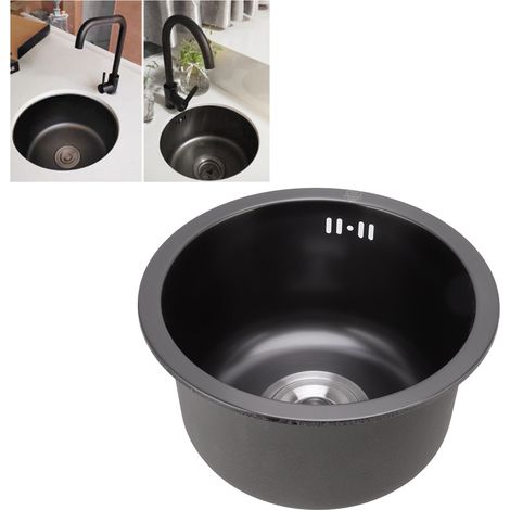 Mini-Rundspüle aus Edelstahl, schwarz, im Bar-Stil, mit Spüllöchern und Abflusszubehör