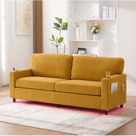 Canapé 2 places en chenille jaune moutarde 203 cm avec USB-C, LED dimmable et porte-gobelets (1/5)