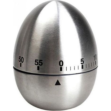 Stainless steel egg-shaped kitchen timer with mechanical rotating alarm and 60-minute countdown, ideal for cooking. (1/5)