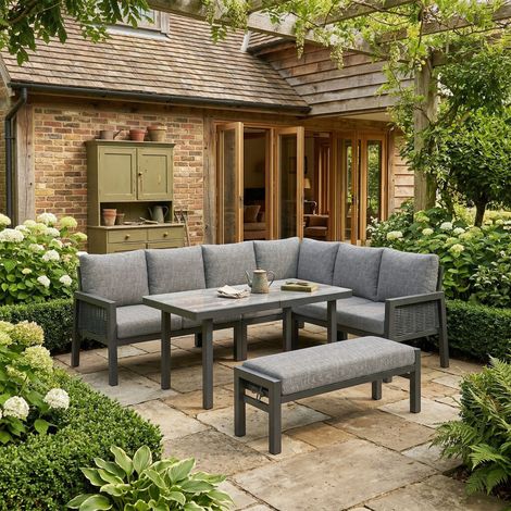 Ensemble jardin angle 8 pers, fer galvanisé, plateau verre, corde PE tressée main, table, banc, canapé gris