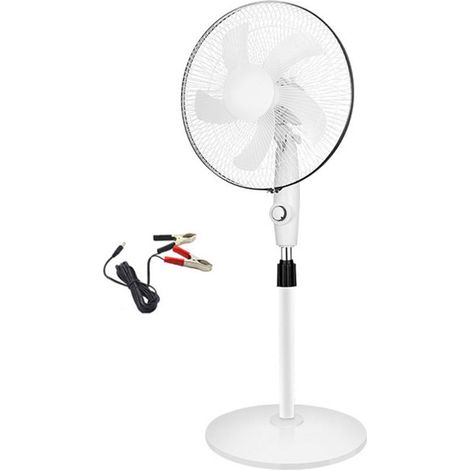 Ventilateur sur pied en plastique, grand débit d'air, 3 vitesses, blanc, pour chambre et salon, avec pince batterie et câble. (1/5)