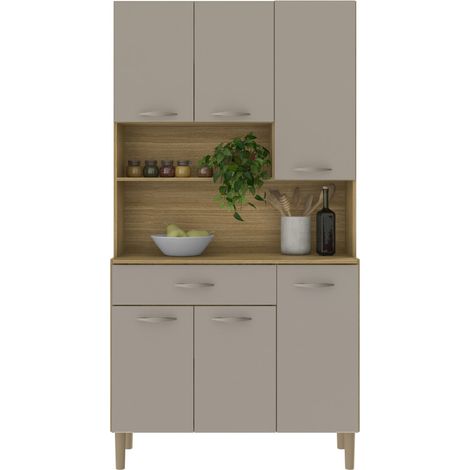 Buffet de Cuisine 6 Portes 1 Tiroir Chêne Taupe 7 Niches L 90.9 H173.5 P 36.3 cm