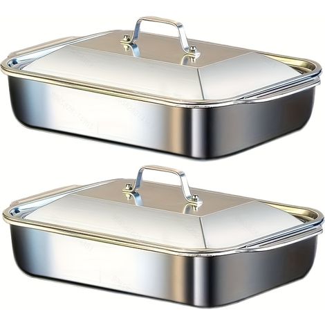 Set de Plats de Cuisson Inox – 2 Plateaux Métalliques avec Couvercle. Bords Profonds, Résistants à 230°C. Idéal pour Ragoût et Rôti (Deux Paquets).