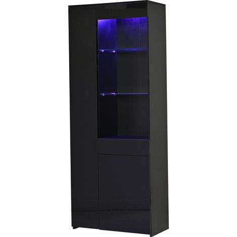 Vetrina alta 70 x 35 x 180 cm con LED, 1 cassetto, 2 armadietti e vetro temperato, nera, MODENUIT (1/5)