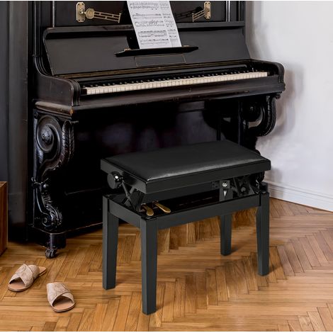 Panca per pianoforte regolabile 63 x 33 x 45-56 cm in similpelle nera e legno (1/5)