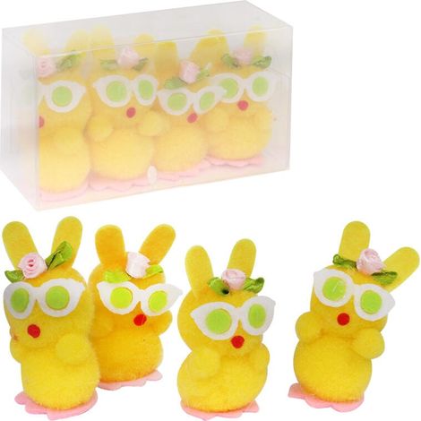 Set di coniglietti con occhiali e fiori, 4 pezzi, 6 cm, decorazioni pasquali, colore giallo. (1/2)