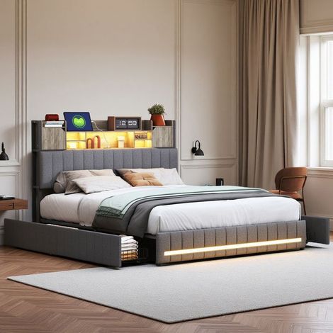 Bett 140x190 cm, 7HGY, USB-Anschluss, dimmbare LED, modern, Erwachsenenbett, Doppelbettgestell 140x190 cm, Leinen, grau