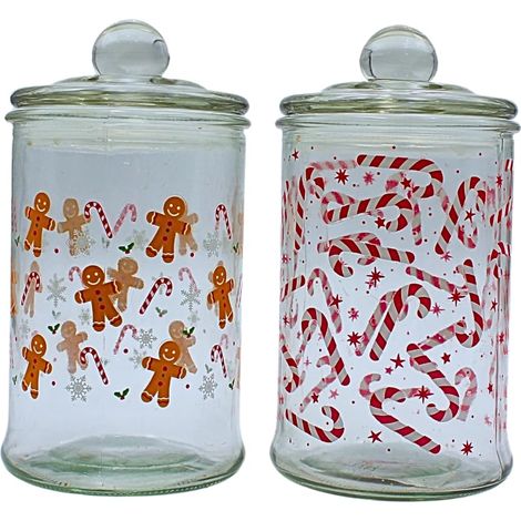 Boîte aromatique, boîte de conservation, récipient en verre avec motif de Noël, boîte à biscuits avec motif pain d'épices et sucre d'orge, H x Ø : 19 x 10 cm, capacité : 600 ml par verre (1/5)