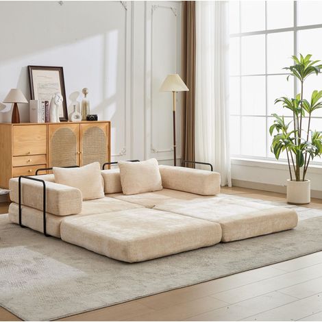 Divano letto da pavimento trasformabile 200x100x63 cm in ciniglia beige modulare - MEUBLIV (1/5)
