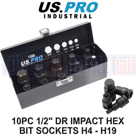 US PRO Impact Hex Bit Socket Set 10pc Allen 1/2"" Drive Sizes 4mm - 19mm 1366 (1/4)