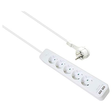 Helos Regleta Advanced, 5 enchufes, Cargador USB Negro, 1,5 m, con Interruptor.