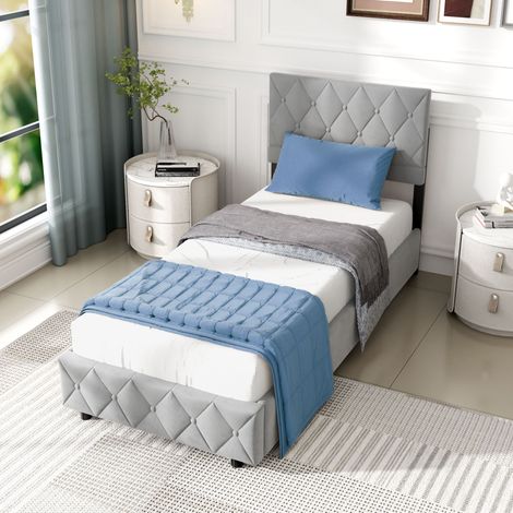 Cama 90x200 cm Tapizada Terciopelo Gris, Diseño Moderno Atemporal, Estructura Estable con Listones de Madera, Capacidad 250 kg - Confort Óptimo (1/5)